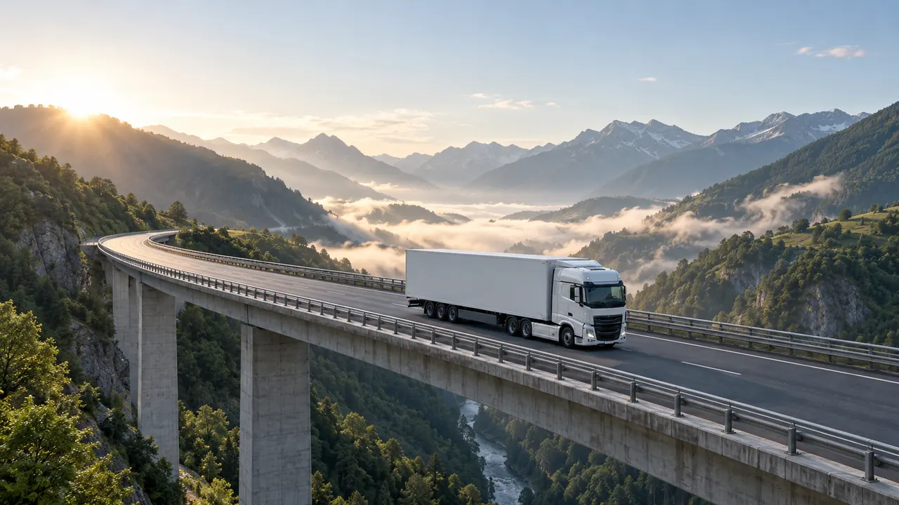 Un camión articulado cruza un viaducto de autopista entre montes verdes con niebla baja.